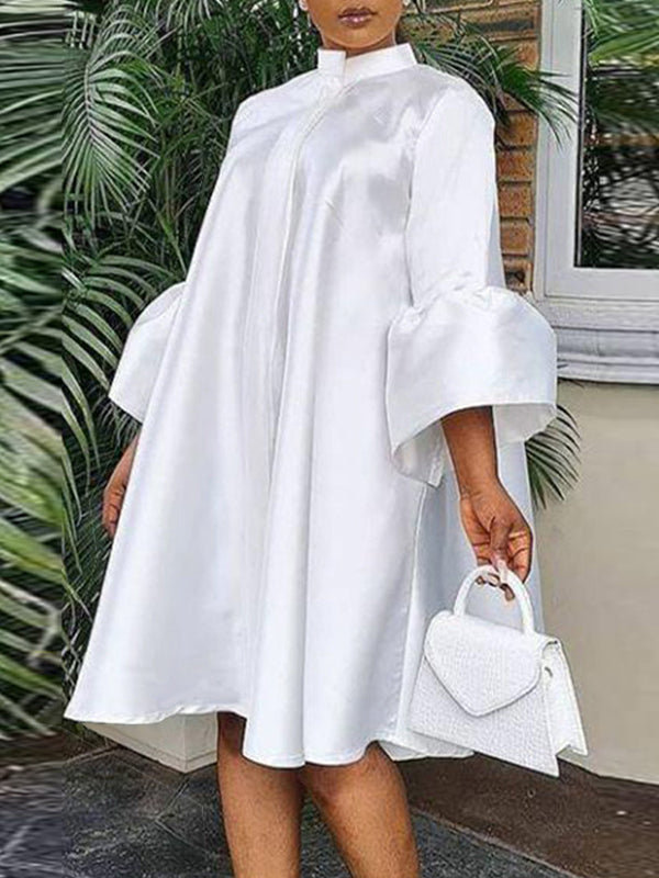 Satin Stand Collar Bell Sleeve Swing Midi Dress
