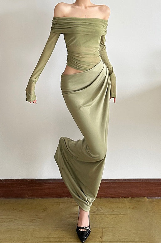 Off Shoulder Long Sleeve Sheer Mesh Ruched Bodycon Maxi Dress