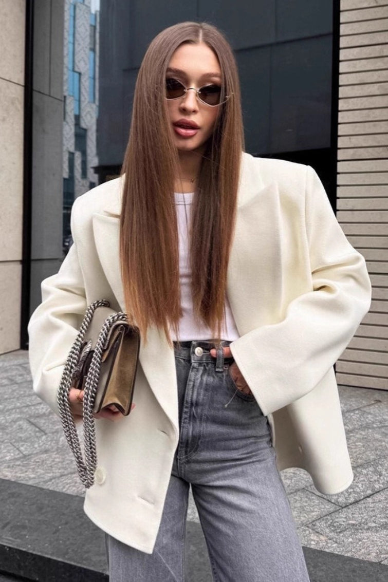 Wide Peak Lapel Double Breasted Oversized Wool-Look Blazer Coat 2