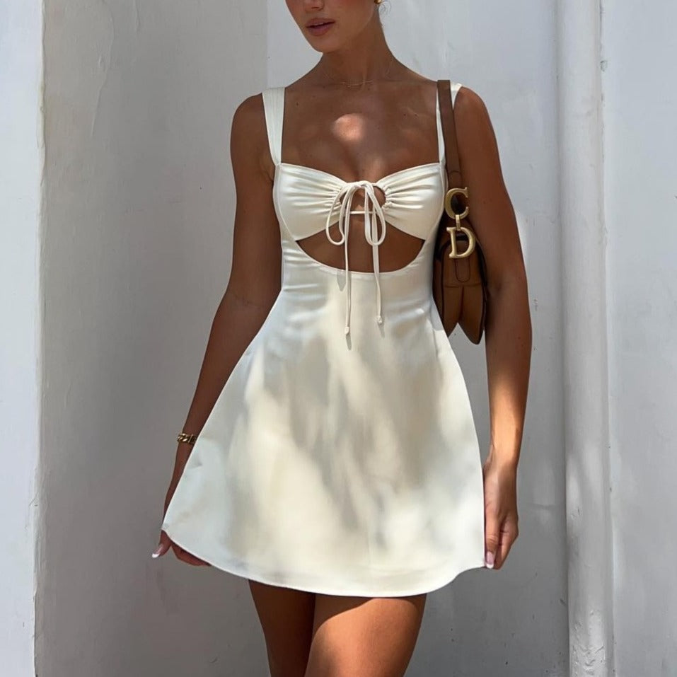 Square Neck Tie Front Ruched Bust Cut Out A-Line Mini Dress