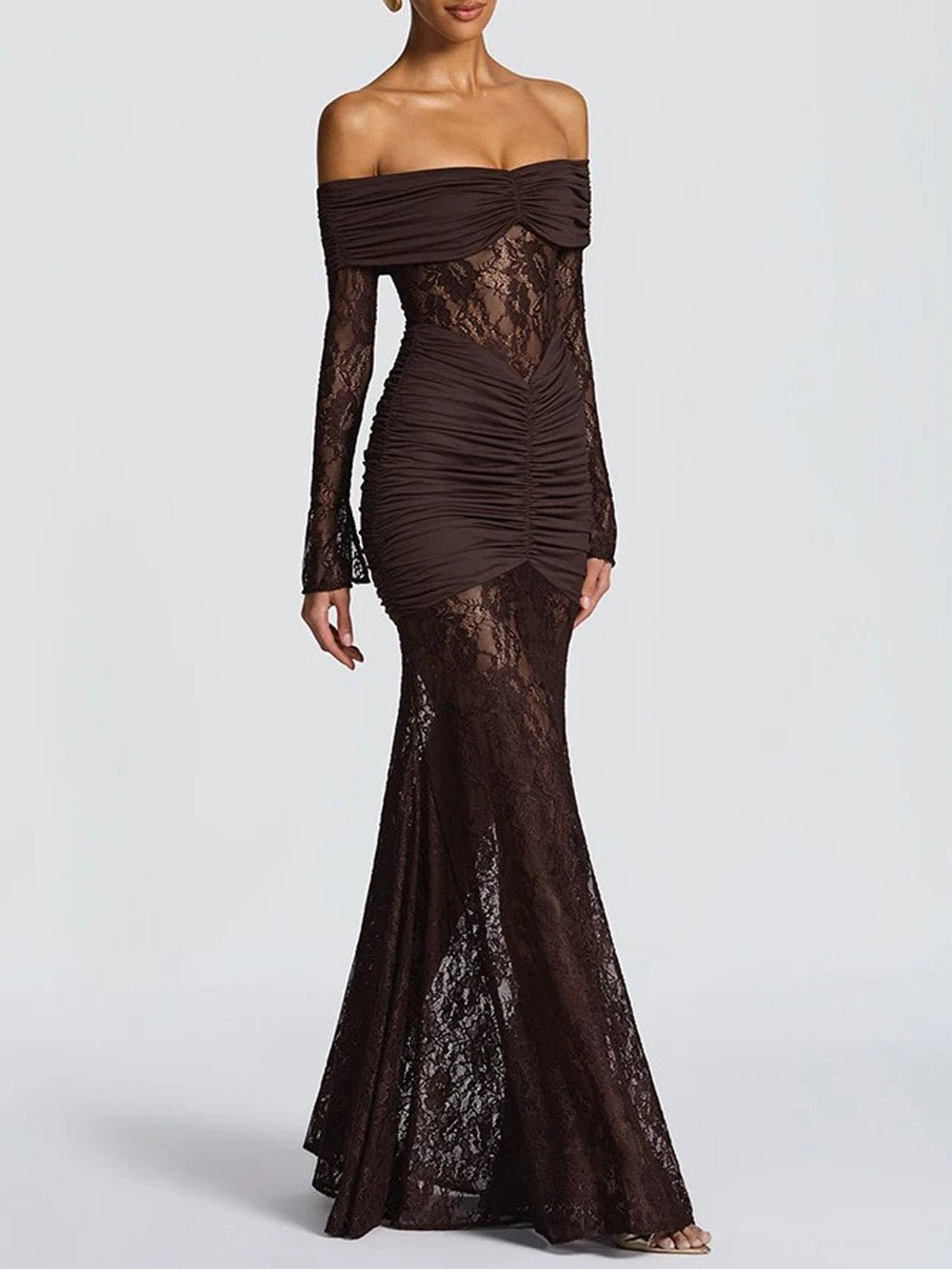 Off Shoulder Long Sleeve Ruched Sheer Lace Mermaid Maxi Dress 3