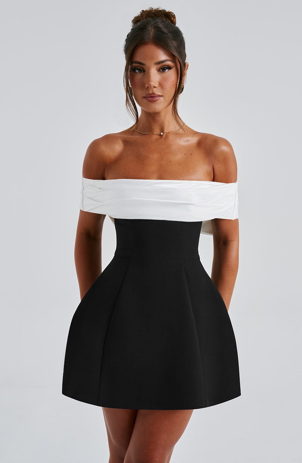 Off Shoulder Colorblock Fit and Flare Pocket Mini Dress