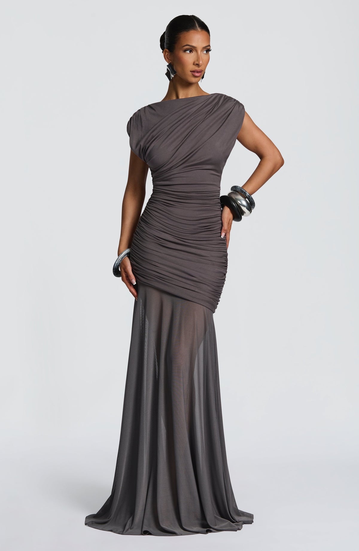 Mesh Ruched Boat Neck Cap Sleeve Sheer Hem Maxi Gown 10