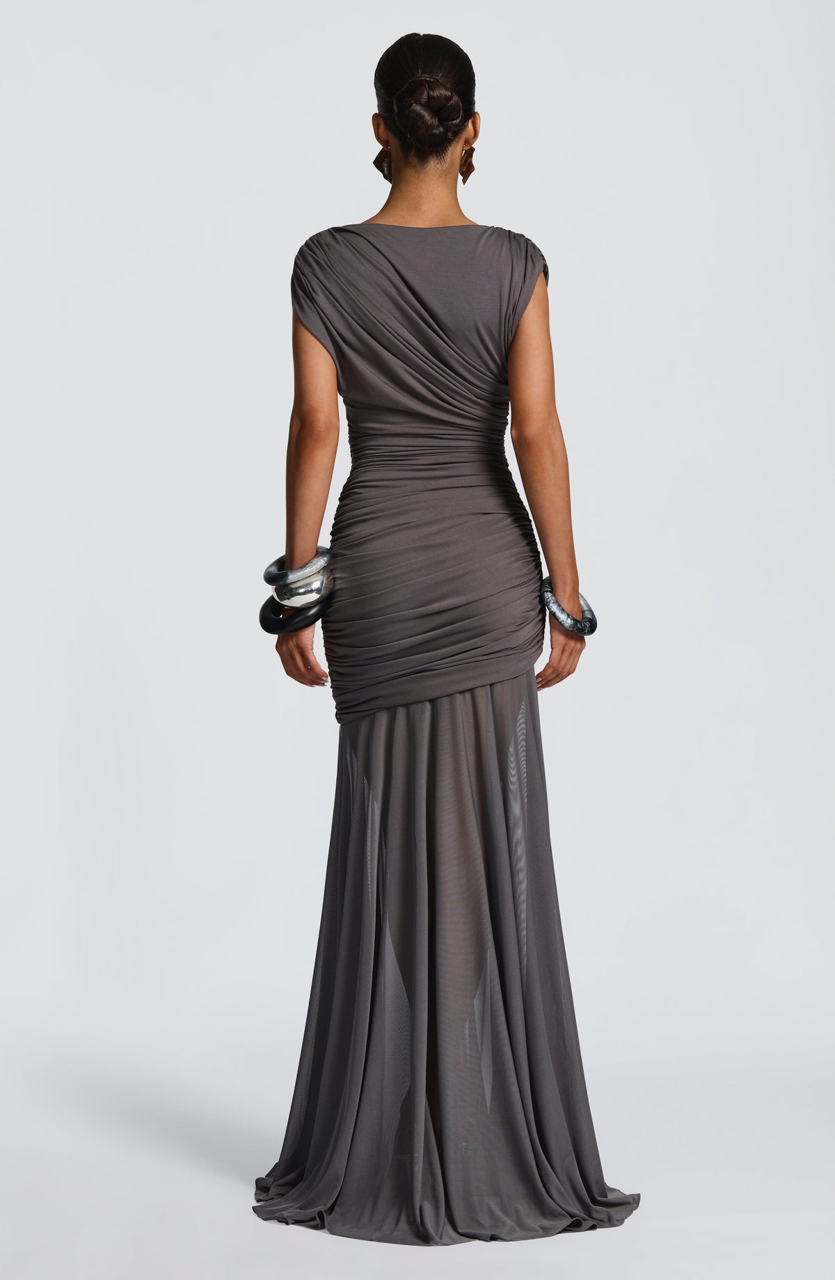 Mesh Ruched Boat Neck Cap Sleeve Sheer Hem Maxi Gown 3