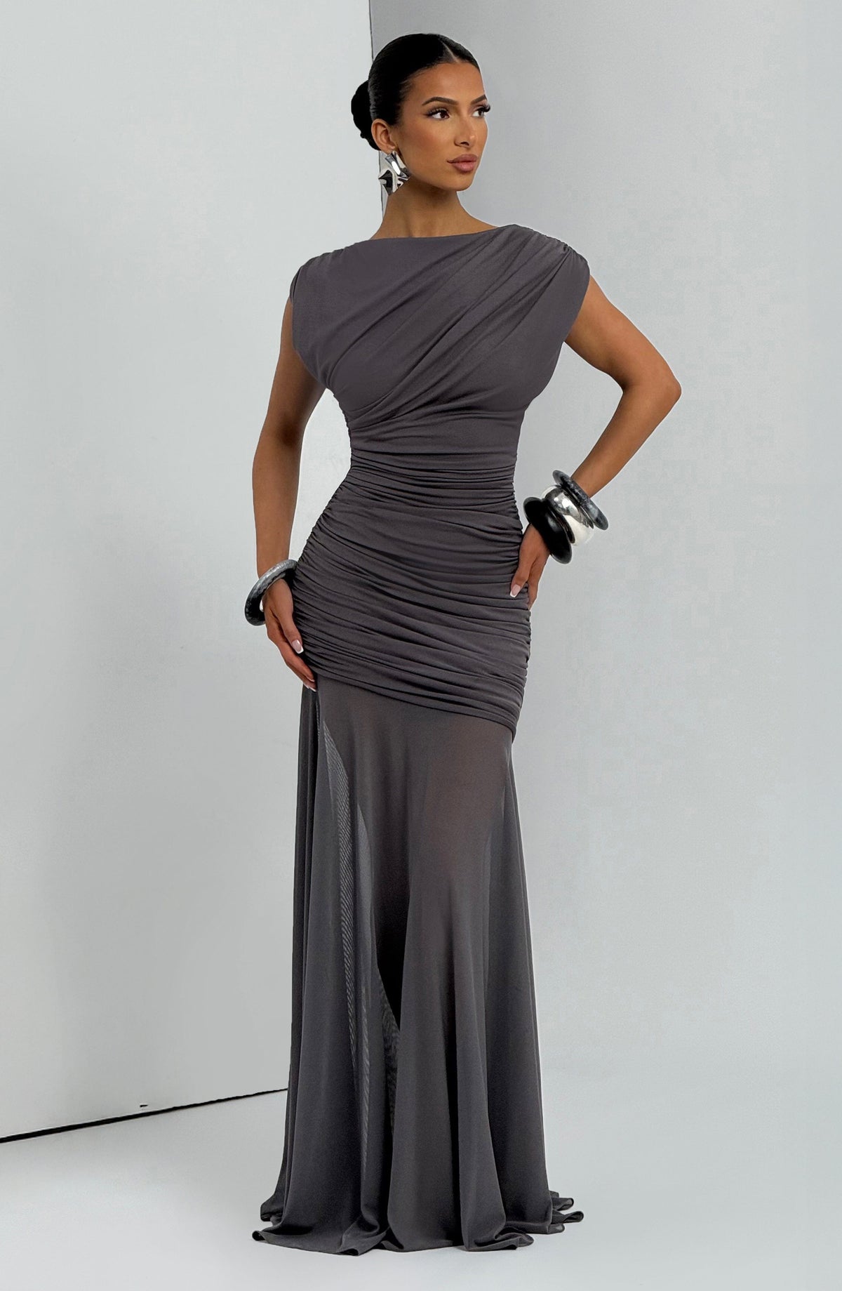 Mesh Ruched Boat Neck Cap Sleeve Sheer Hem Maxi Gown 8