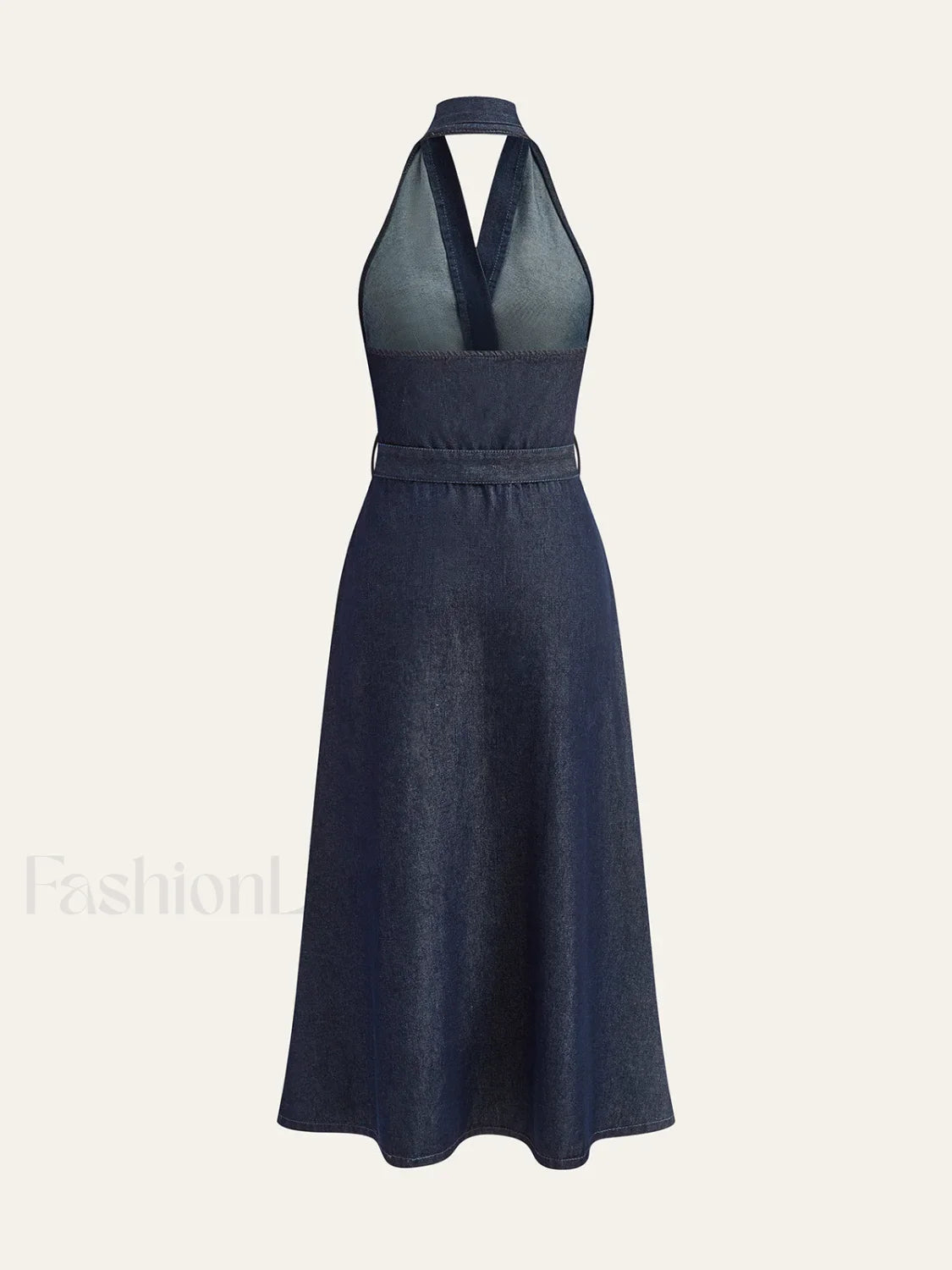 Denim Belted Halter Neck Midi Dress