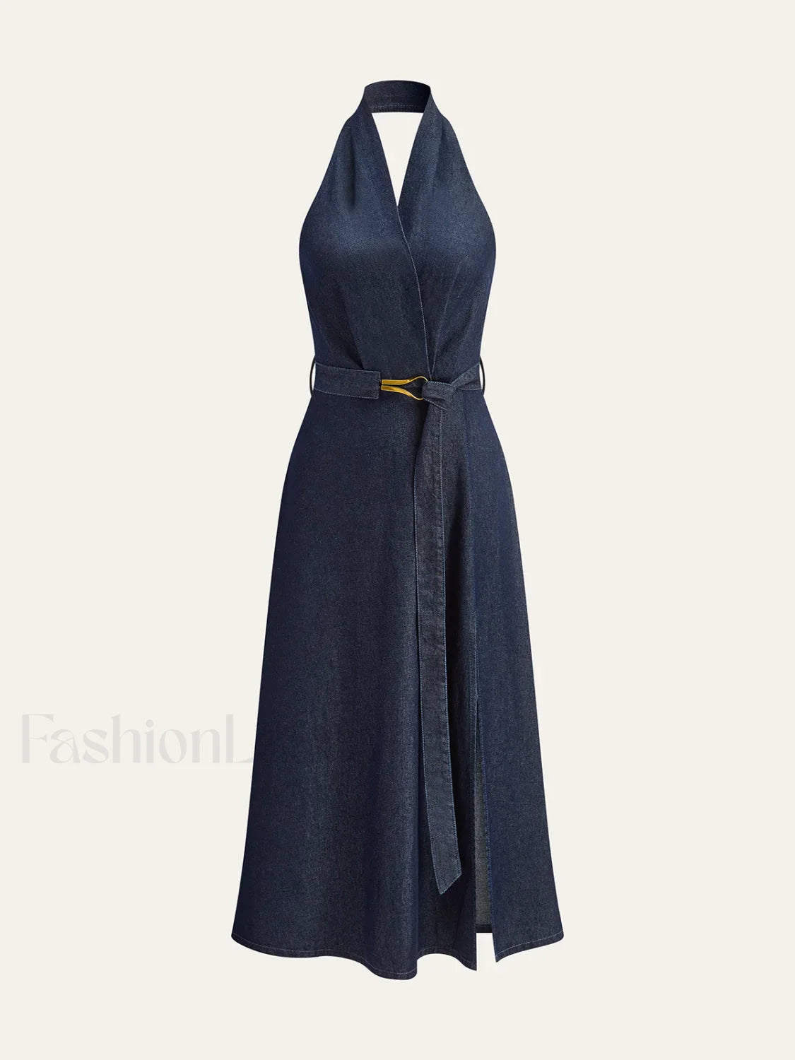 Denim Belted Halter Neck Midi Dress