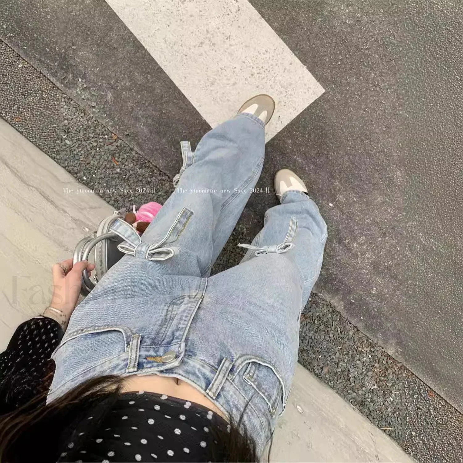 Denim Bow High Trendy Waist Wide Leg Jeans