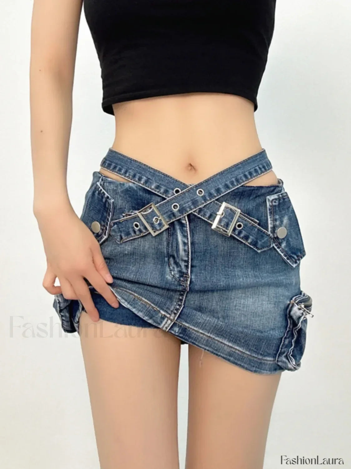Denim Multi Pocket Wrap Mini Skirt