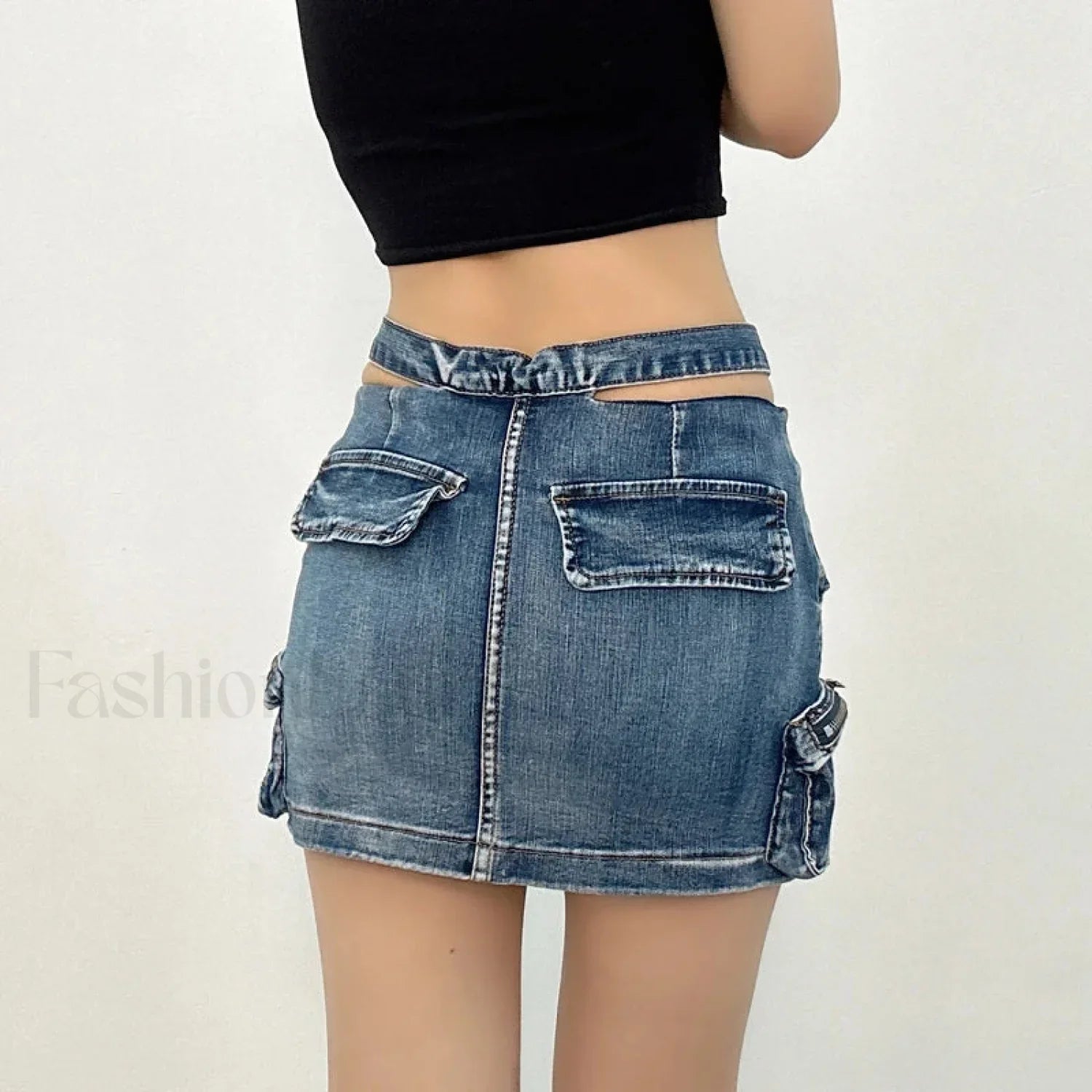 Denim Multi Pocket Wrap Mini Skirt