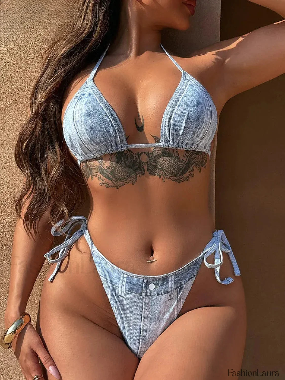 Denim Print High Cut Bikini Set