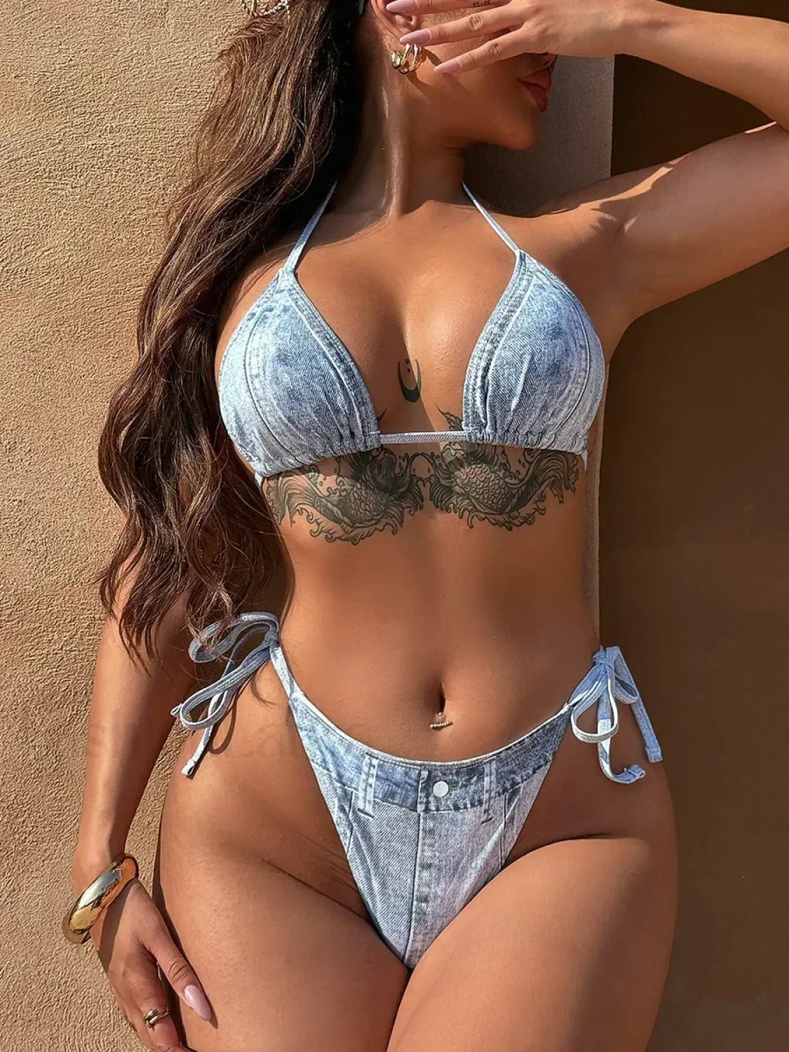 Denim Printed Halter Strappy High Cut Bikini Set blue / S