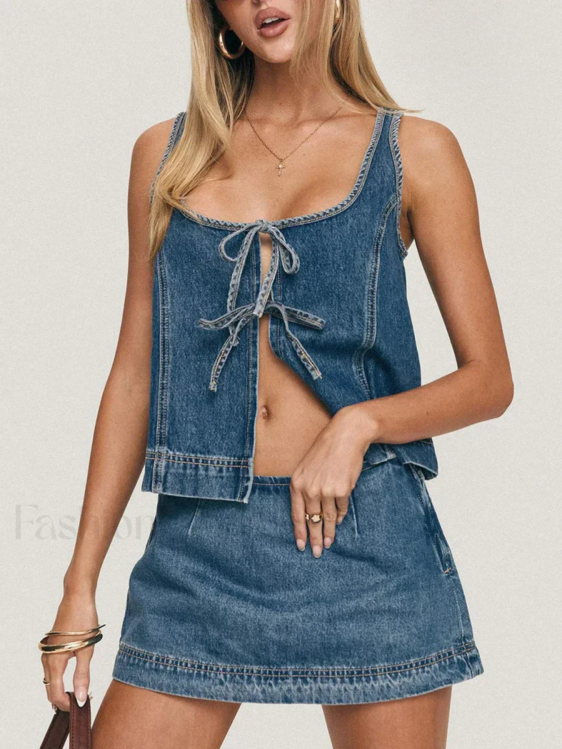 Denim Tie-Up Front Top Mini Skirt Two Piece Set