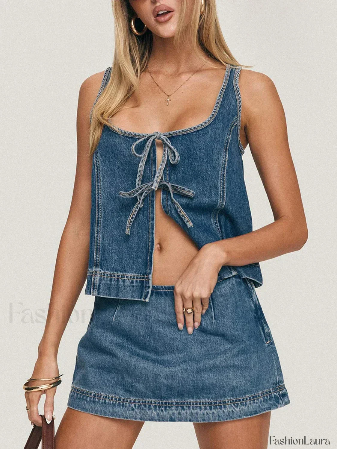 Denim Tie-Up Front Top Mini Skirt Two Piece Set