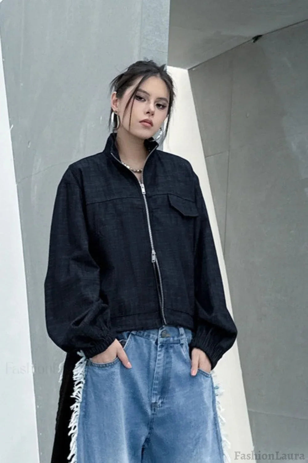 Denim Workwear Lapel Jacket Black / One Size