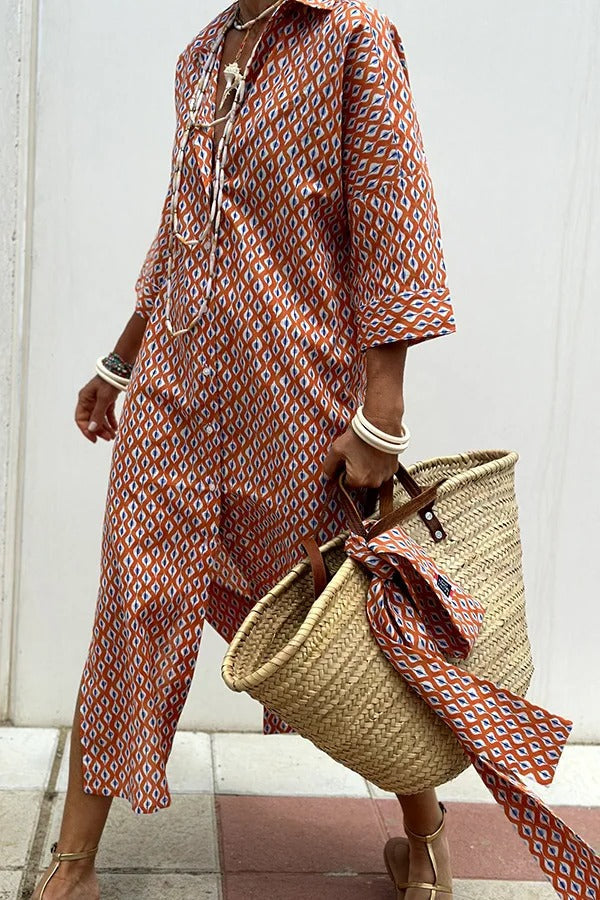 Vertical Striped Collared Button Down Drop Shoulder Oversized Side Slit Midi Shirt Dress