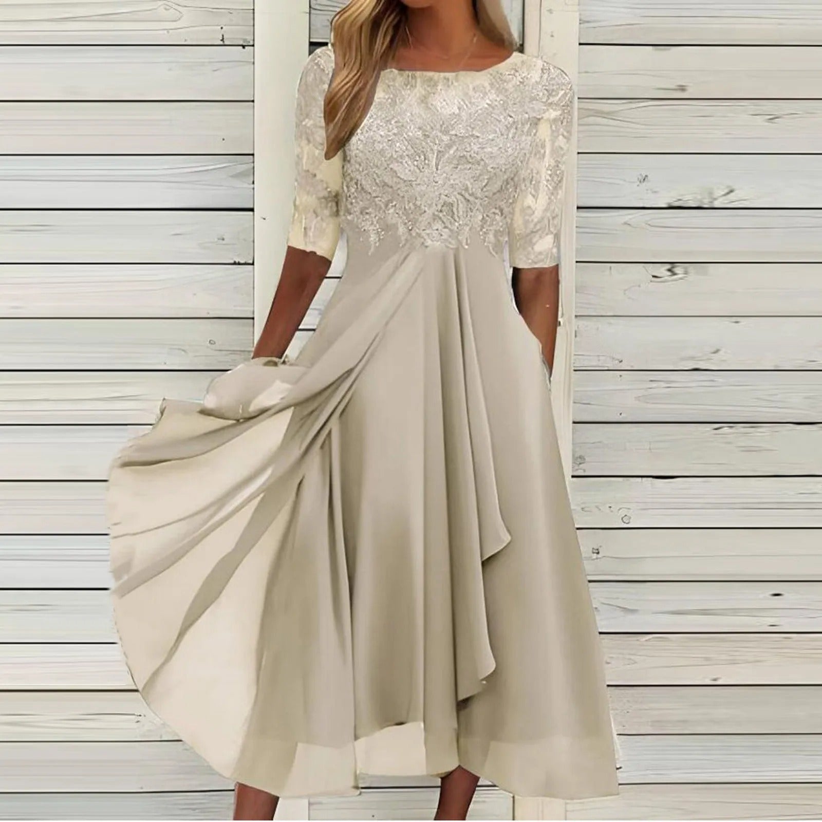 Sylvana - Tea-Length Lace Embroidered Dress Beige
