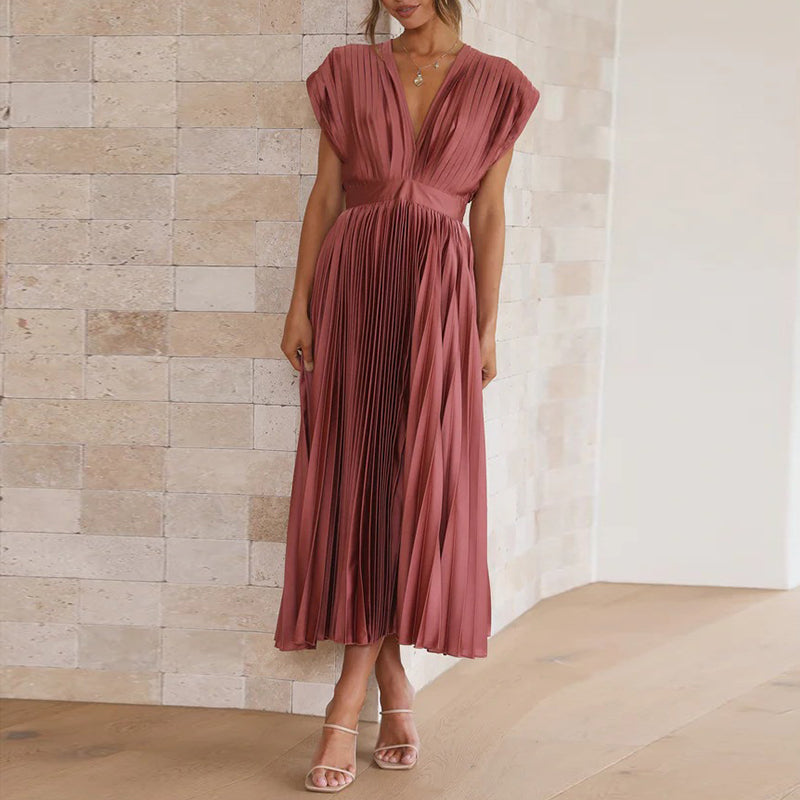 Pleated Deep V-Neck Fit and Flare Midi Dress