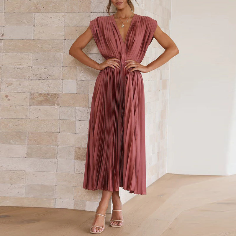 Pleated Deep V-Neck Fit and Flare Midi Dress