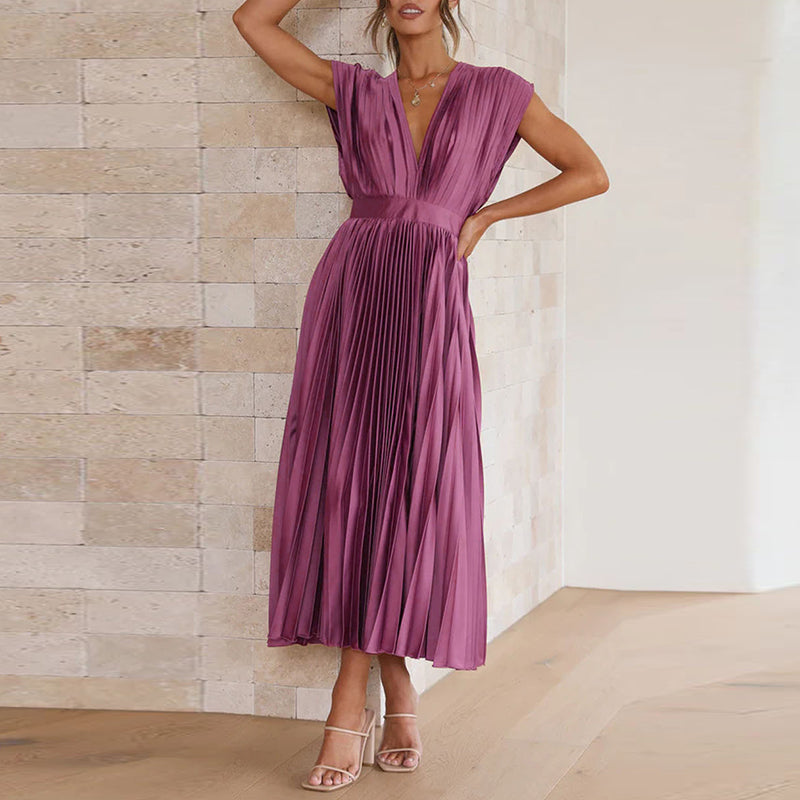 Pleated Deep V-Neck Fit and Flare Midi Dress