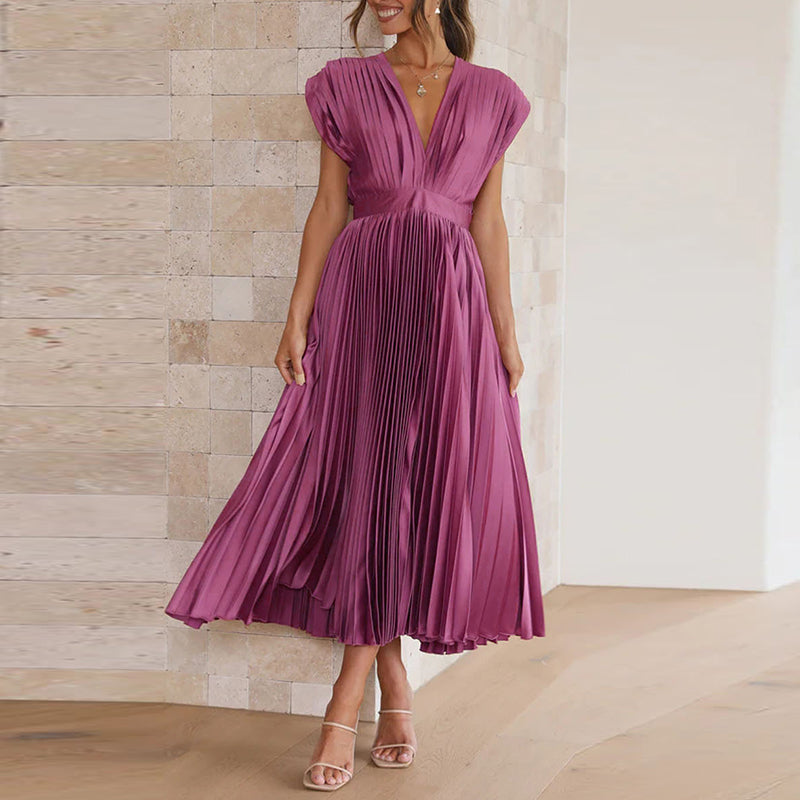 Pleated Deep V-Neck Fit and Flare Midi Dress