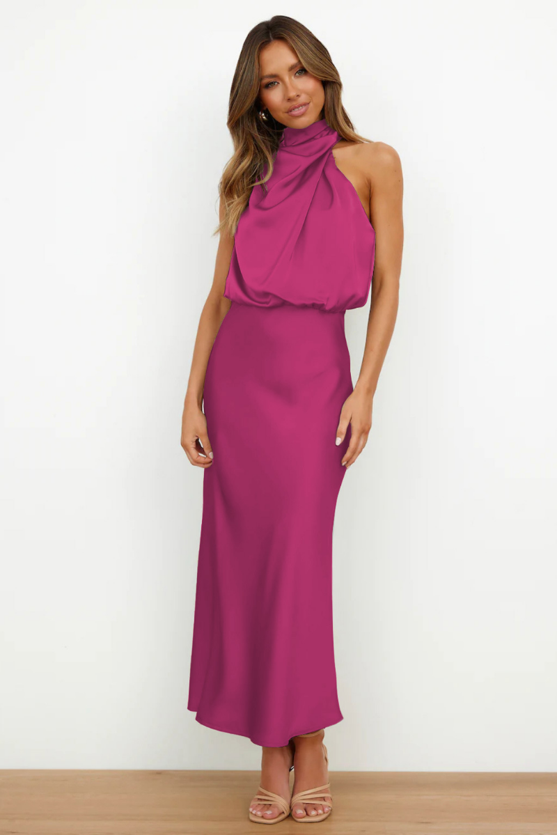 Satin Halter Neck Cowl Draped Sleeveless Midi Cocktail Dress
