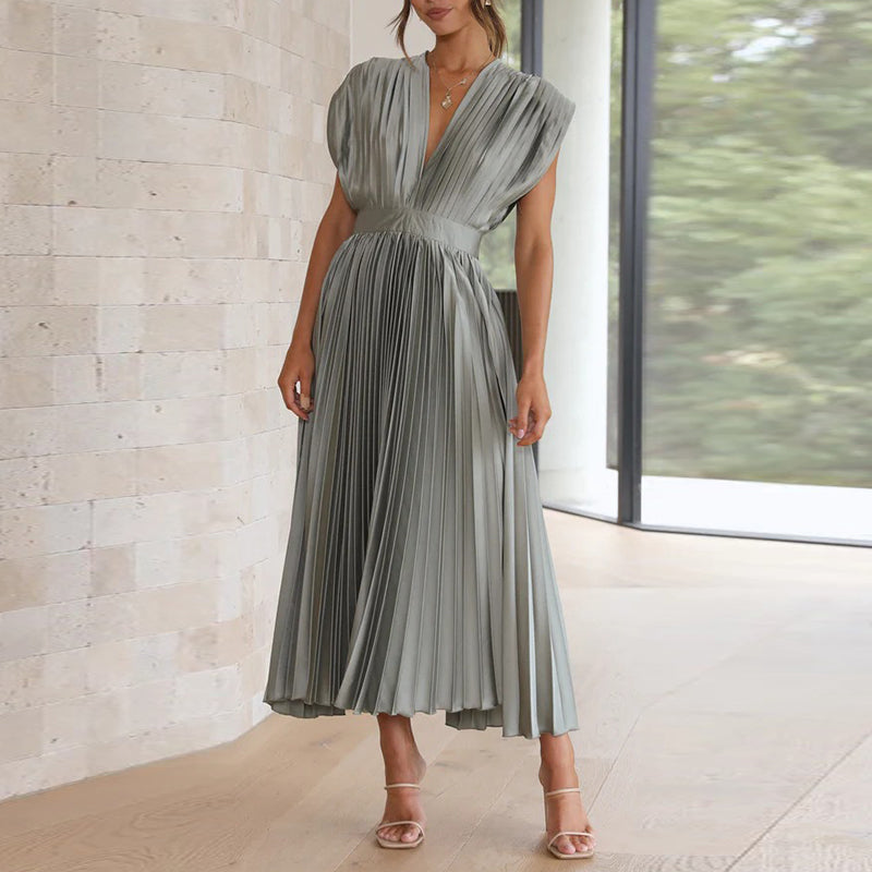 Pleated Deep V-Neck Fit and Flare Midi Dress
