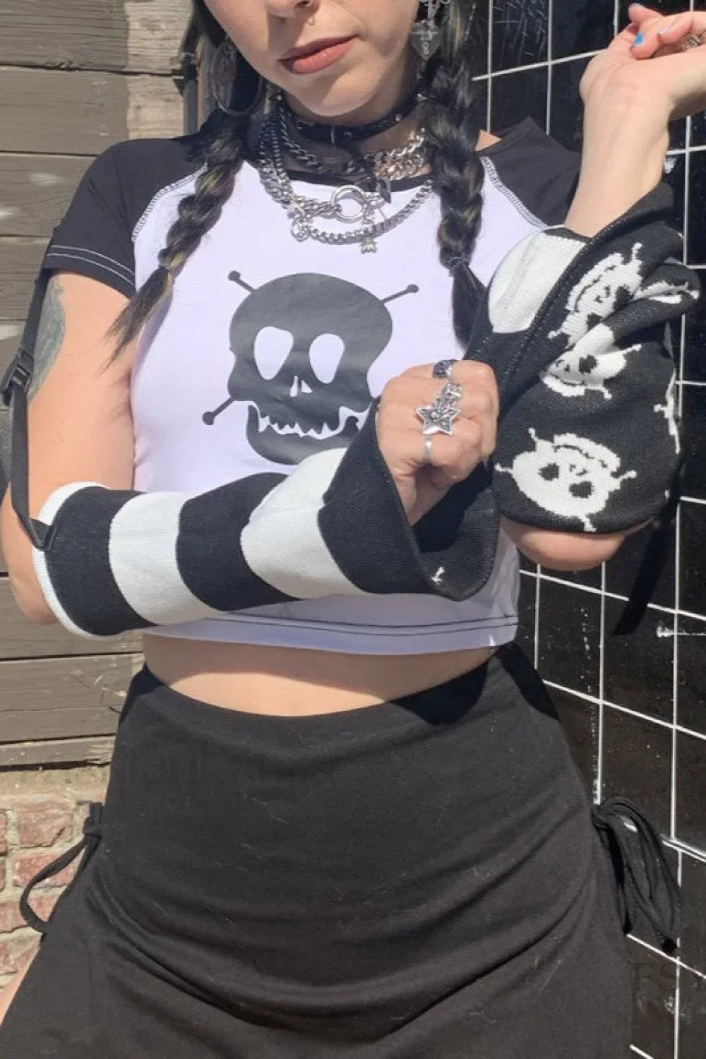 Detachable Sleeve Skull Spider Crop T-Shirt