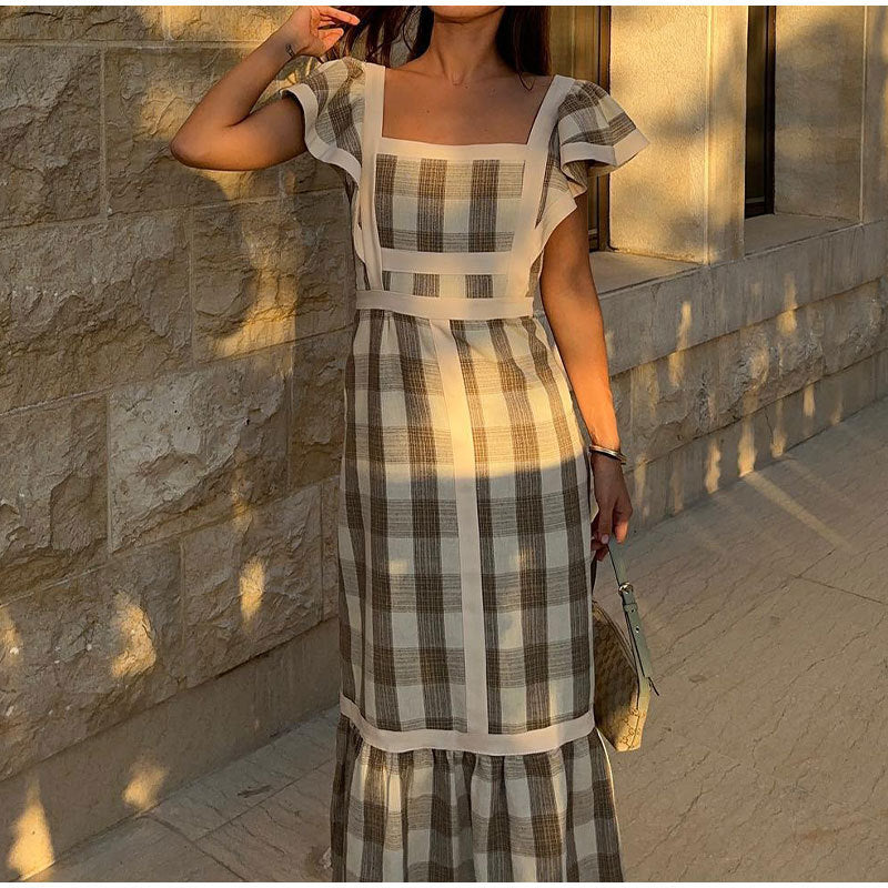 Gingham Check Square Neck Butterfly Sleeve Tiered Panel Maxi Dress