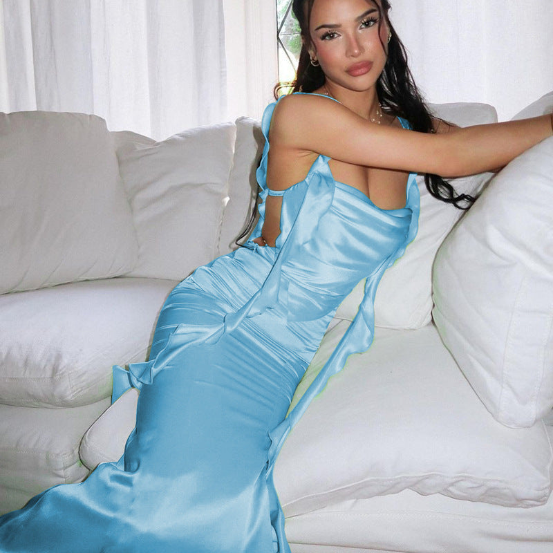 Satin Cowl Neck Backless Ruffle Strap Tie Back Maxi Gown