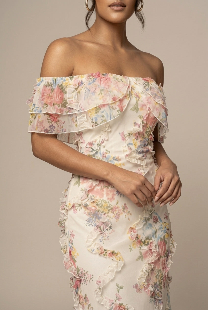 Floral Off Shoulder Ruffle Maxi Dress Wedding Guest 3