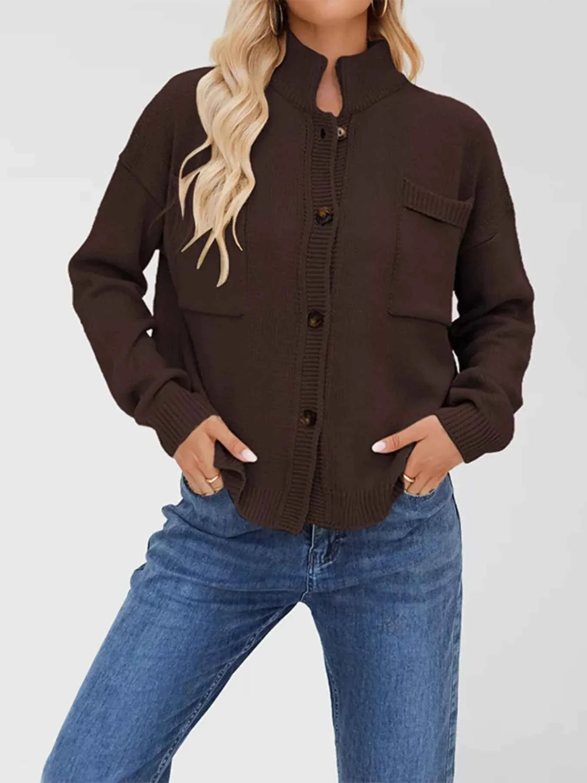 Mock Neck Button Front Dropped Shoulder Pocket Knit Cardigan 6