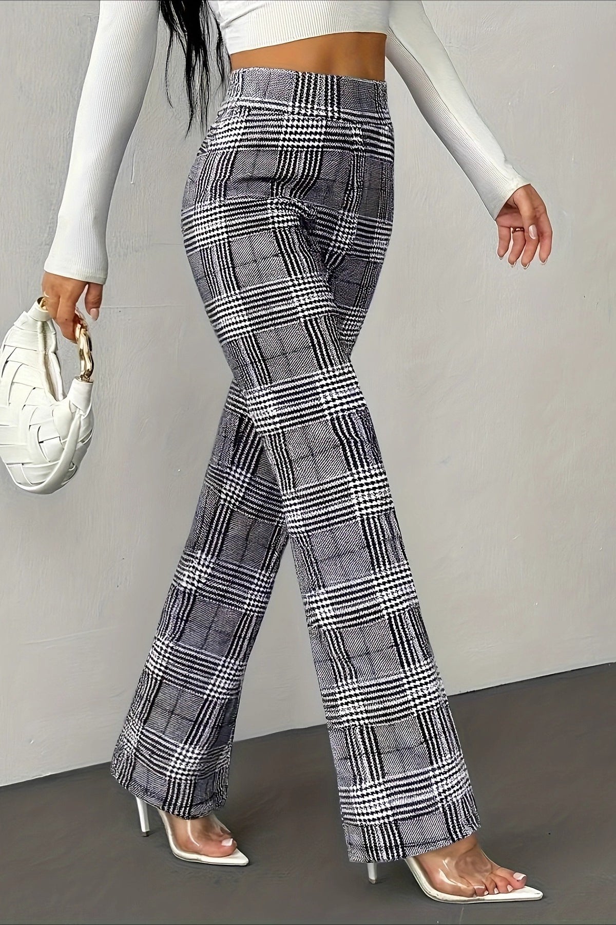Glen Plaid High Waist Pull On Flare Leg Pants 2