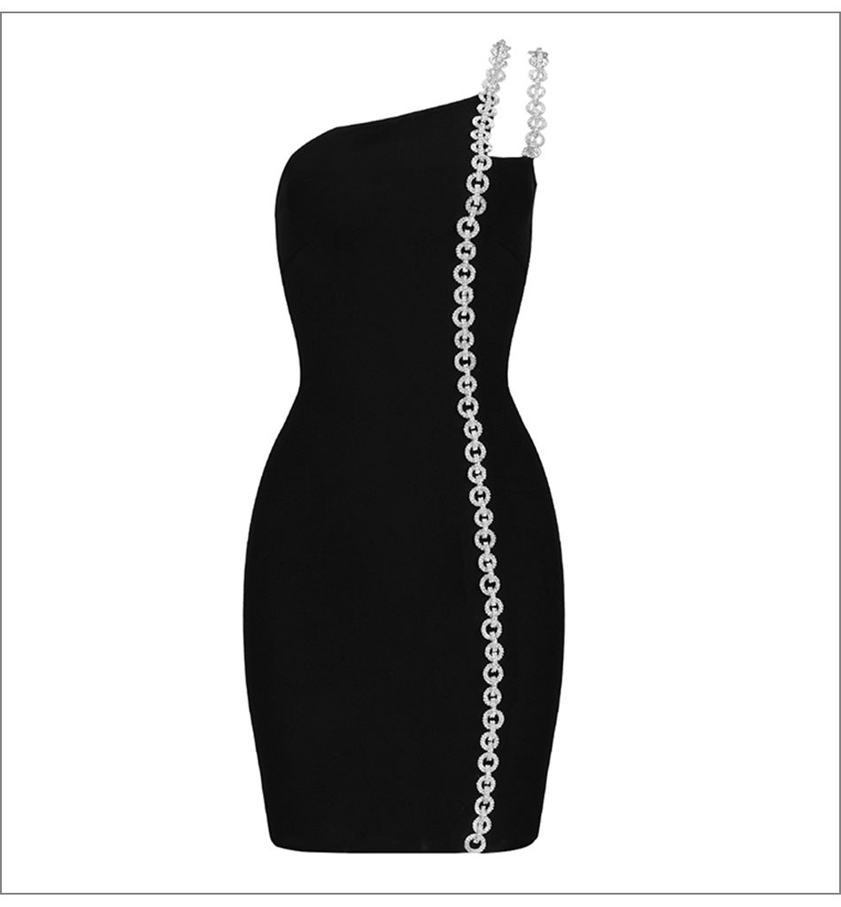 One Shoulder Chain Strap Trim Bandage Bodycon Mini Dress 16