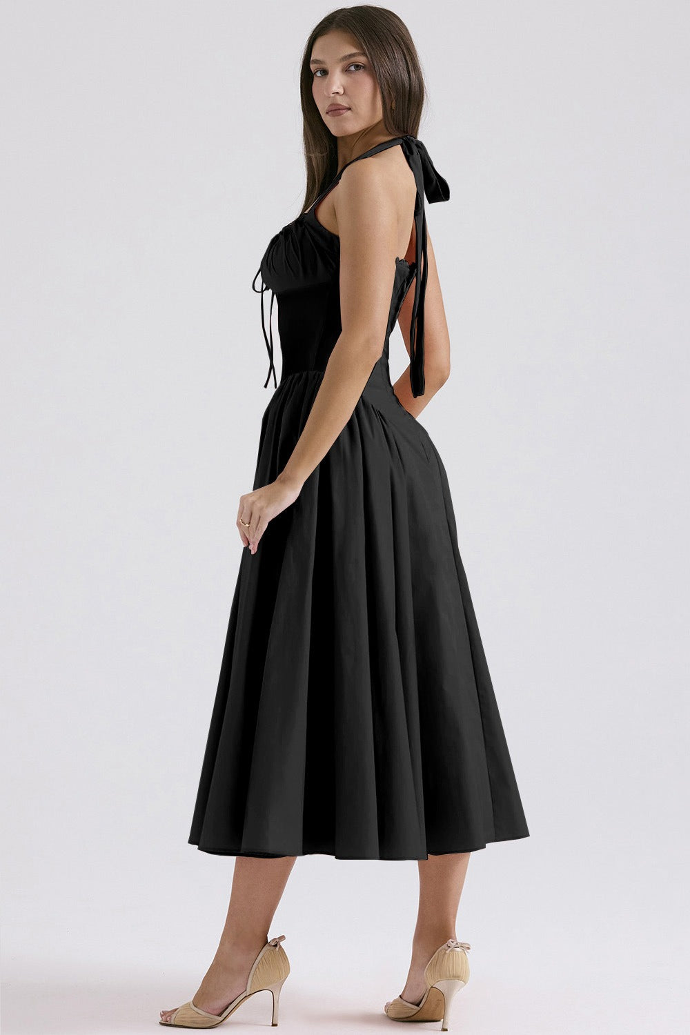 Halter Neck Ruched Corset Fit and Flare Midi Dress