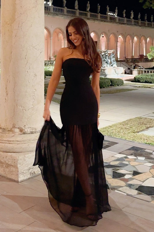 Strapless Sheer High Split Bodycon Maxi Dress