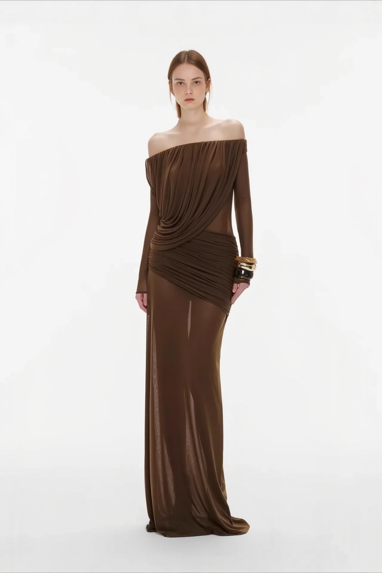 Mesh Off Shoulder Long Sleeve Slim Bodycon Dress