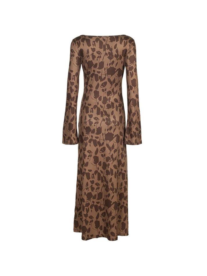 Brown Signature Print Trumpet Sleeve Maxi Dress