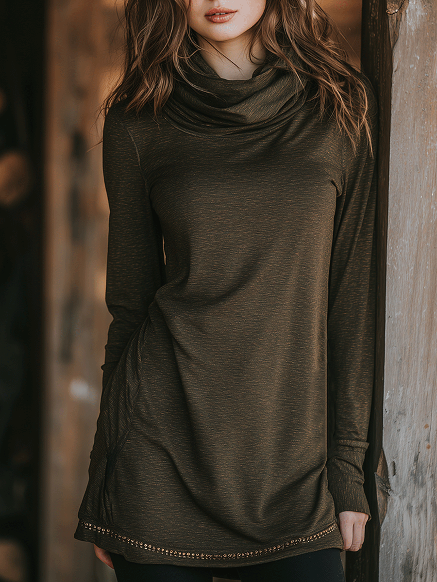Casual Olive Long-Sleeved Pile Collar Top