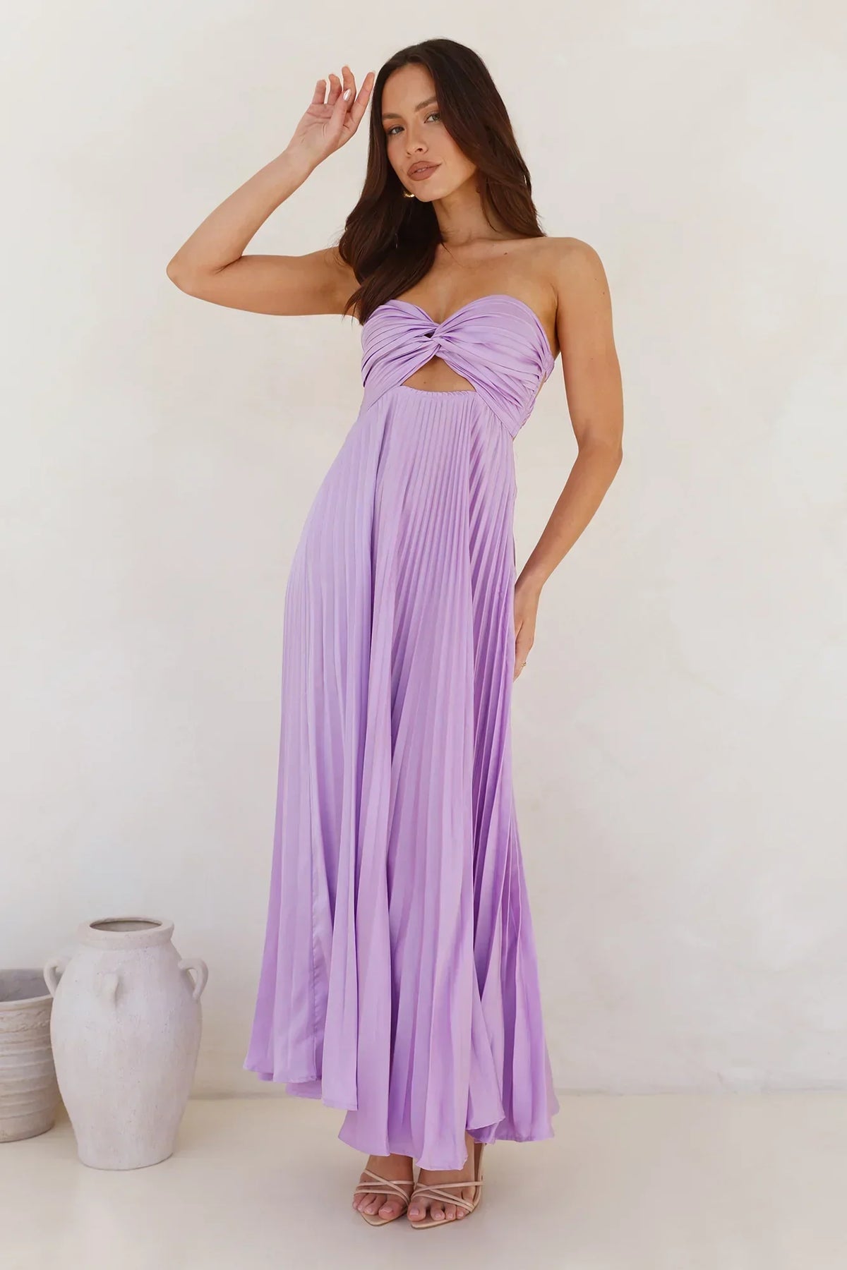 Satin Strapless Twist Front Cut Out Pleated Maxi Dress 2