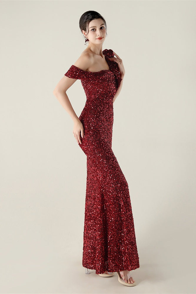 Sequin One Shoulder Ruffle High Split Mermaid Gown