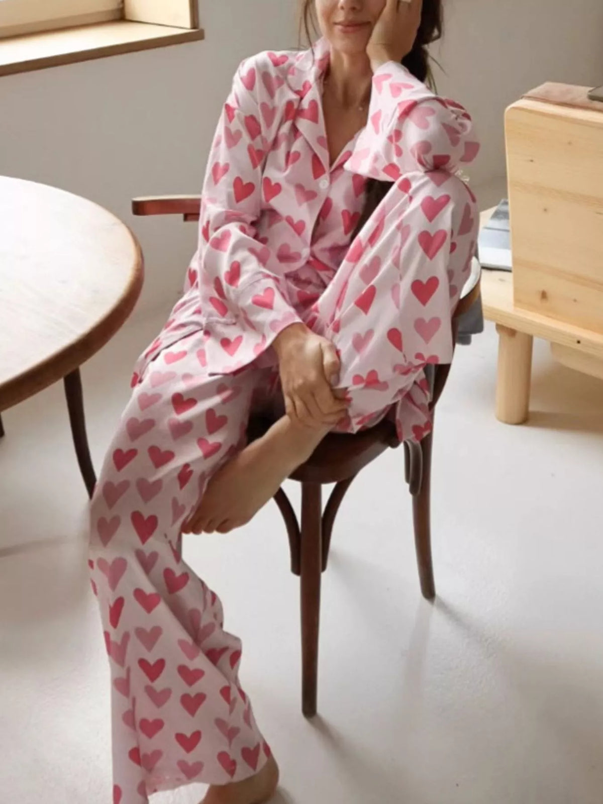 Heart Print Button Up Shirt and Wide Leg Pants Pajama Two Piece Set