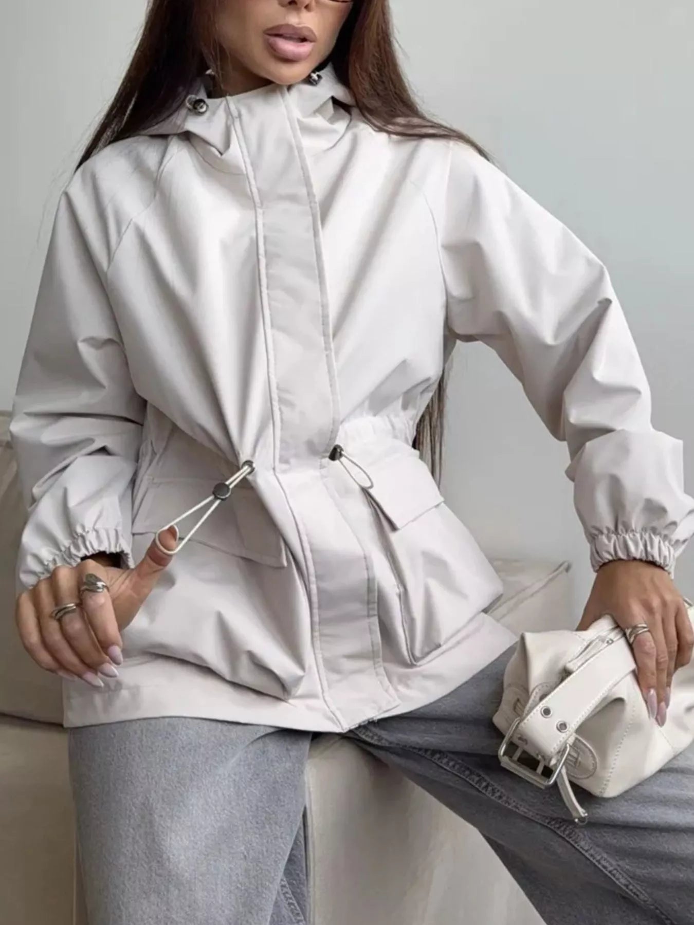 Drawstring Waist Hooded Windbreaker Outerwear