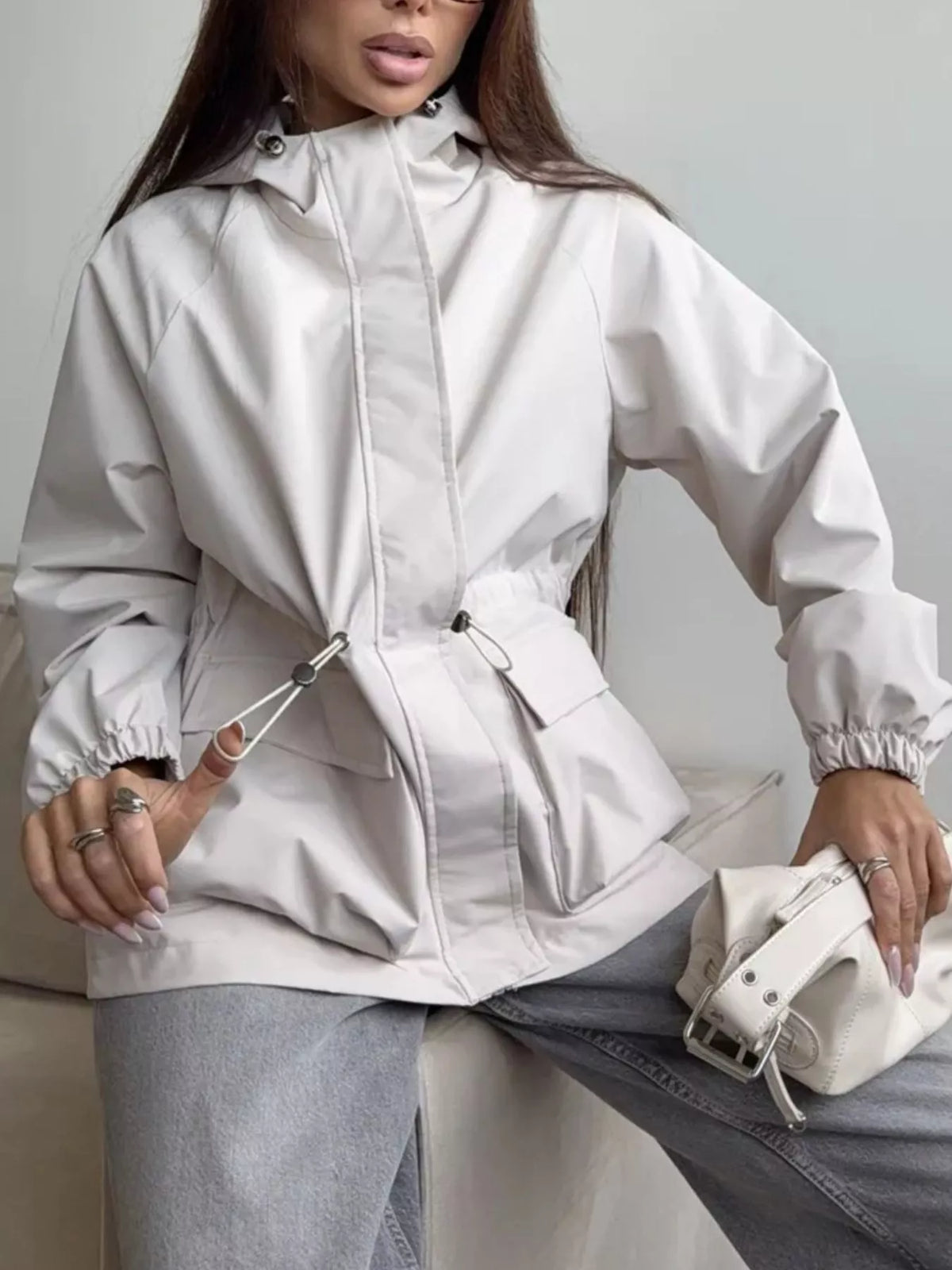 Hooded Drawstring Waist Flap Pocket Zip Front Windbreaker Jacket 17