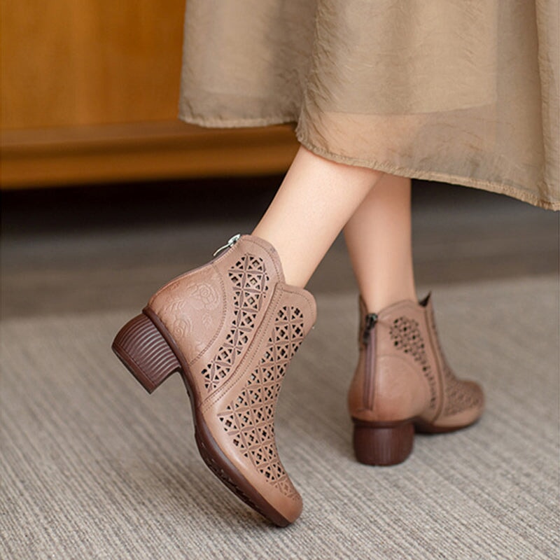Cut Out Summer Boots Breathable Leather Short Boots Coffee /Apricot