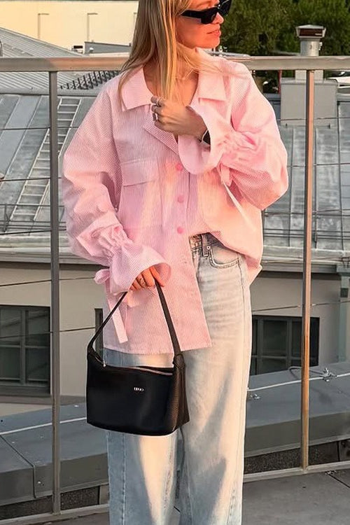 Pinstripe Collared Tie Cuff Chest Pocket Oversized Button Front Shirt