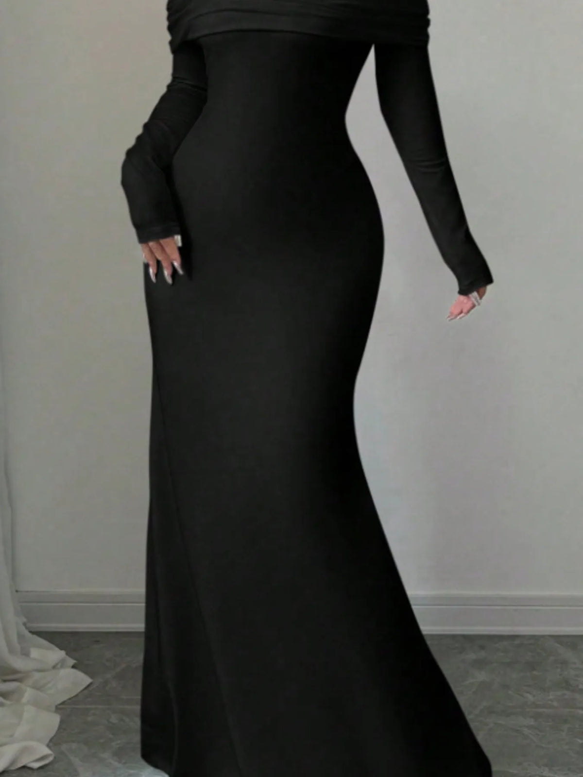 Fold Over Off Shoulder Long Sleeve Twist Back Bodycon Maxi Dress 4