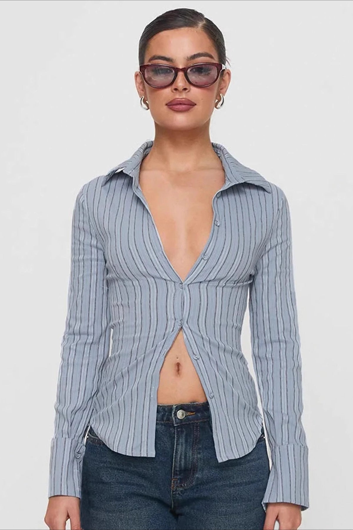 Striped Darted Collared Long Sleeve Top