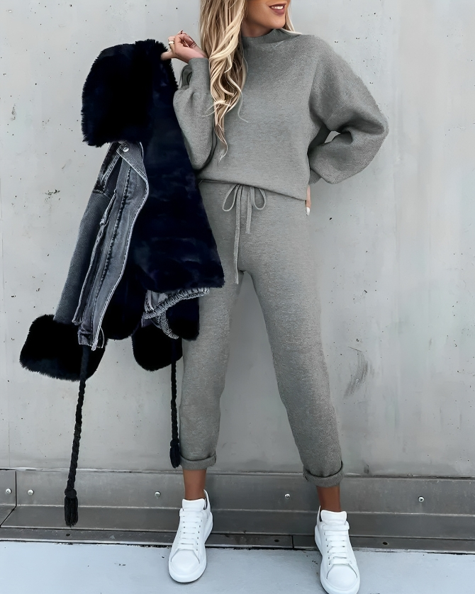 Knit Mock Neck Puff Sleeve Drawstring Waist Two Piece Set