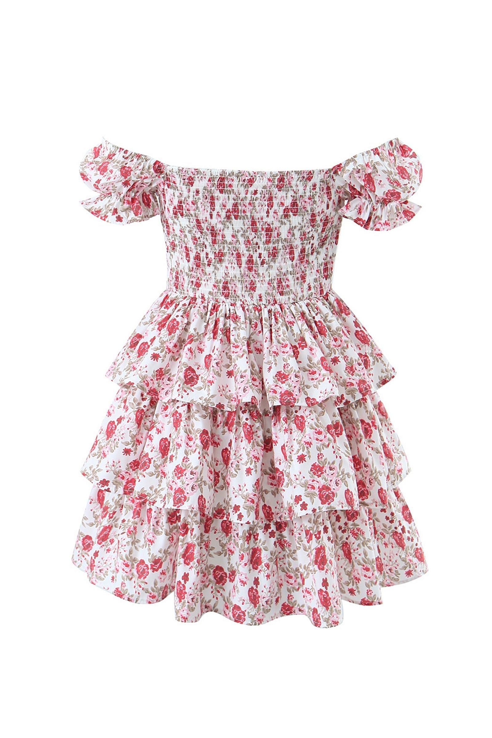 Floral Off Shoulder Sweetheart Bustier Tiered Ruffle Mini Dress